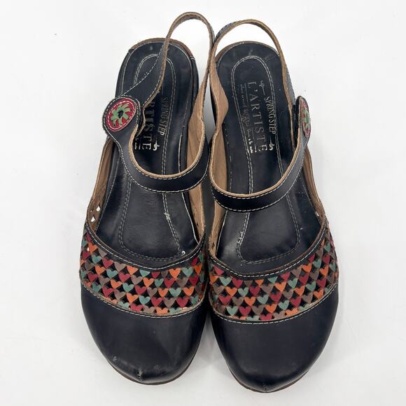 L’Artiste Spring Step Amour Mary Jane Black Leather Wedge Sandals Size 40/US 9 - Picture 1 of 9